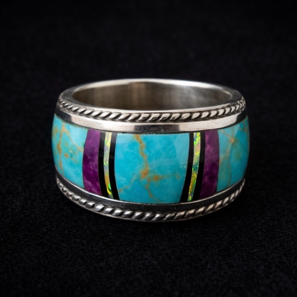 Vintage 1970s Southwest Turquoise Inlay Ring • Sterling Silver • Size 6
